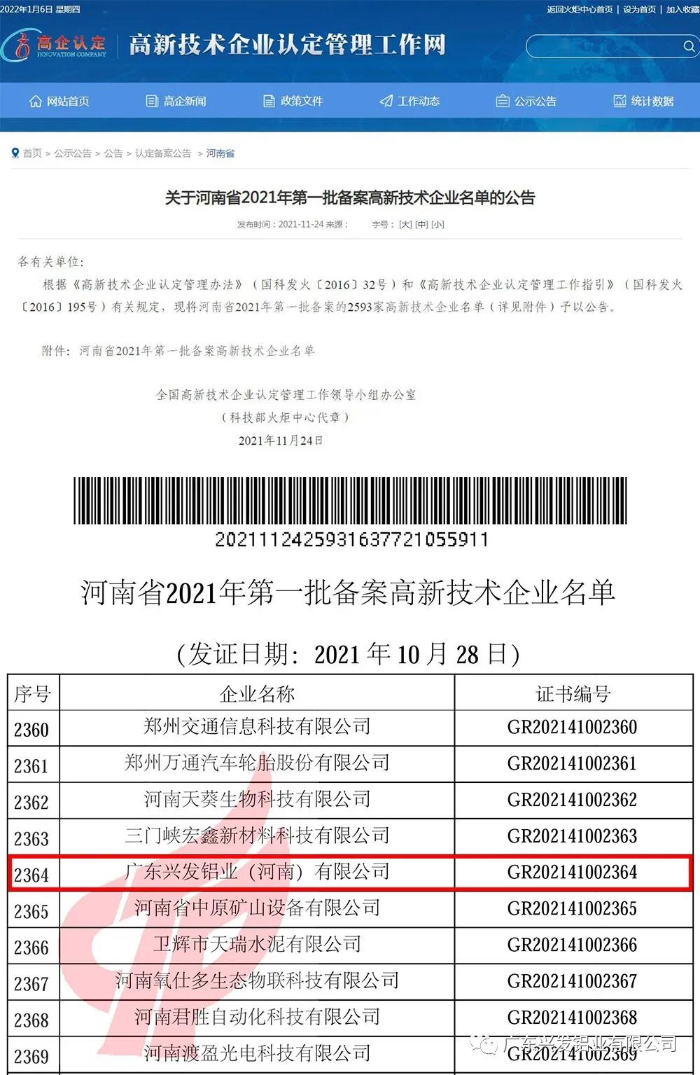 喜讯！兴发铝业、兴发精密制造、兴发河南子公司3家企业通过国家高新技术企业认定