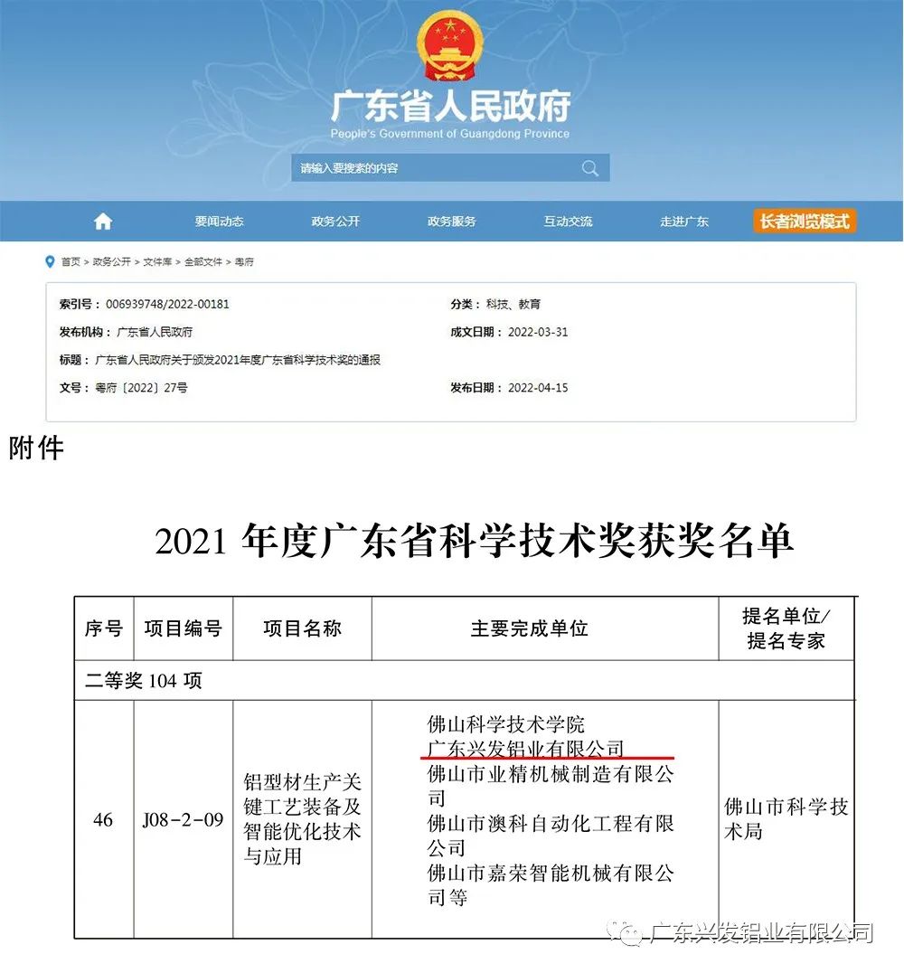 兴发铝业荣获2021年度广东省科学技术奖科技进步二等奖